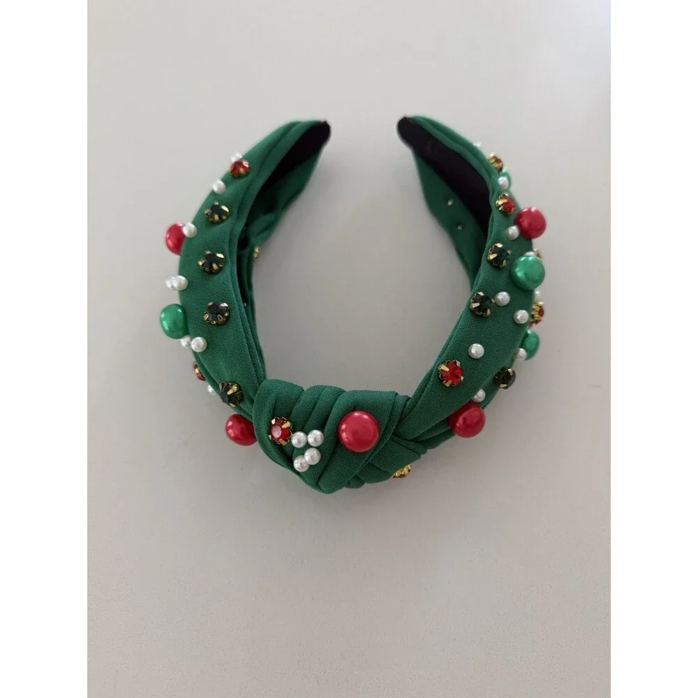 Green Christmas Pearl Rhinestone Non Slip Wide Top Knotted Headband Crystal